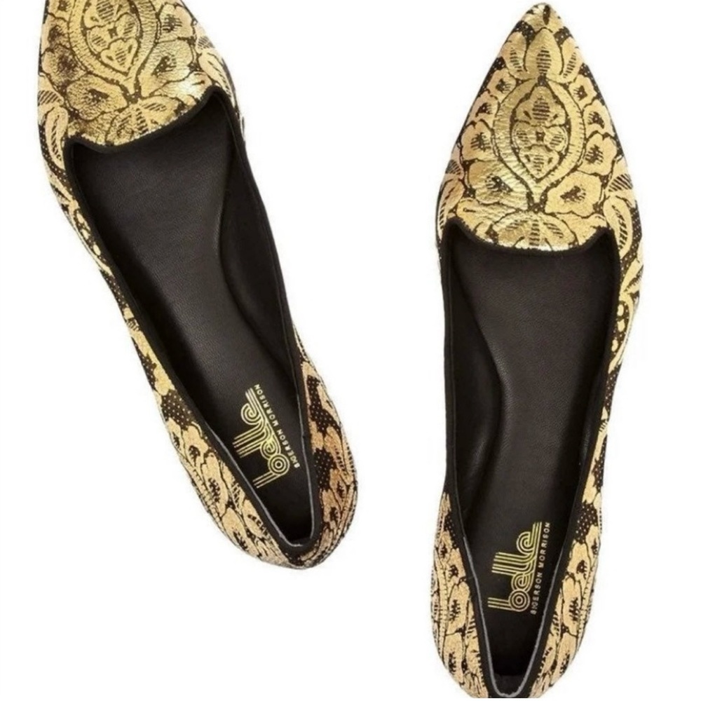 Belle Sigerson Morrison Gold Black Brocade Floral Womens Pointed Toe Flats  Sz 9